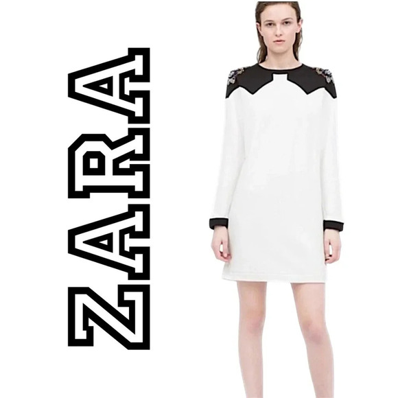 Zara Dresses & Skirts - Zara W/B Collection Rhinestone Beaded Jewel White Black Sweater Dress Size S